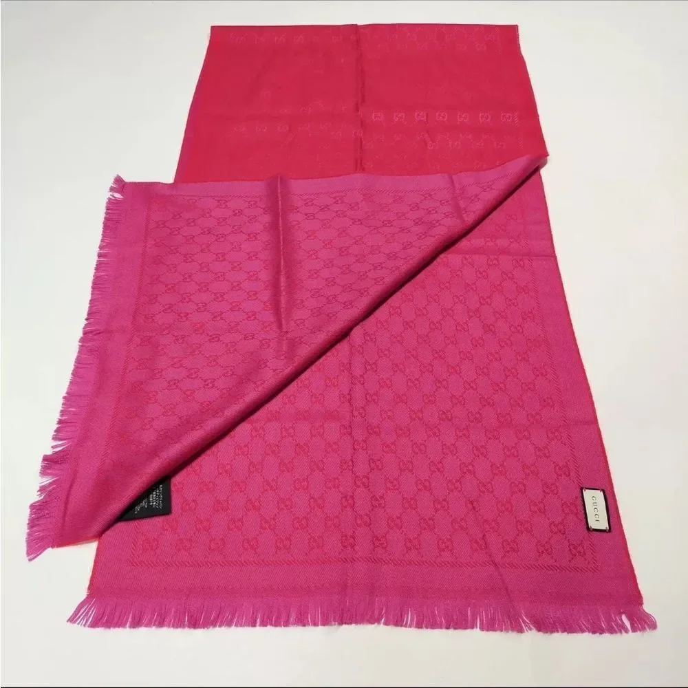 Gucci Red Fuchsia GG Monogram Wool Lame Jacquard Stenlux Scarf Stole Shawl Wrap